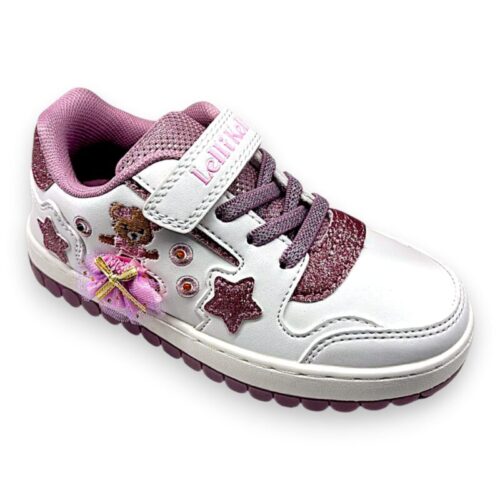 Sneakers bianche per bambina con stelle glitterate fucsia, orsetto laterale, gonna rimovibile, luci, chiusura a strappo e lacci elastici - Lelli Kelly 2 Sneakers bianche per bambina con stelle glitter fucsia, orsetto laterale, gonna removibile, strappo e lacci elastici - Lelli Kelly