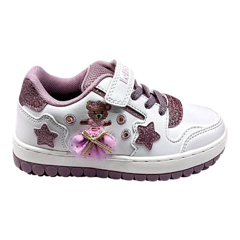 Sneakers bianche per bambina con stelle glitterate fucsia, orsetto laterale, gonna rimovibile, luci, chiusura a strappo e lacci elastici - Lelli Kelly 2 Sneakers bianche per bambina con stelle glitter fucsia, orsetto laterale, gonna removibile, strappo e lacci elastici - Lelli Kelly