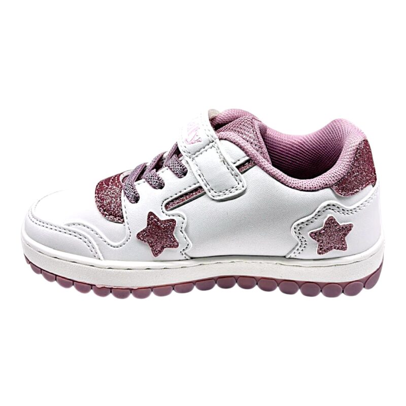 Sneakers bianche per bambina con stelle glitterate fucsia, orsetto laterale, gonna rimovibile, luci, chiusura a strappo e lacci elastici - Lelli Kelly 3 Sneakers bianche per bambina con stelle glitter fucsia, orsetto laterale, gonna removibile, strappo e lacci elastici - Lelli Kelly