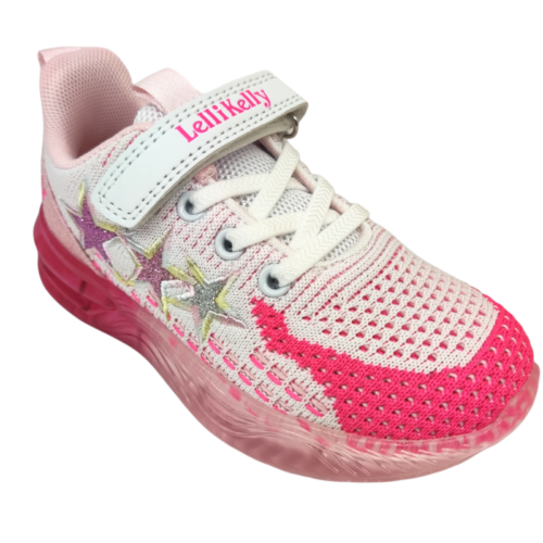 Sneakers bianco-fucsia con stelle, luci e chiusura con strappo e lacci - Lelli Kelly
