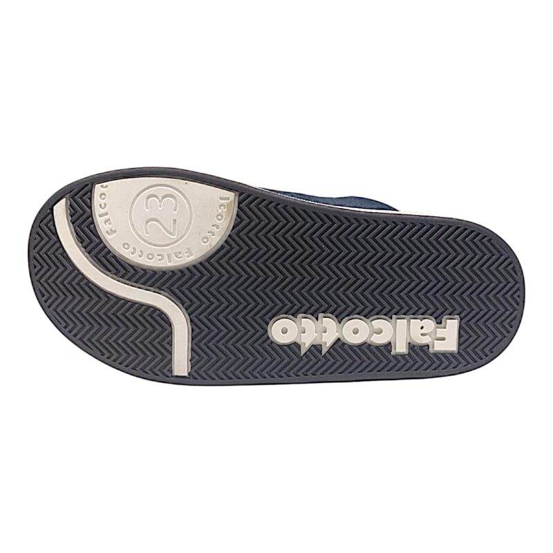 Sneakers blu primi passi bambino con dinosauro, fascia posteriore gialla e doppio strappo – Falcotto