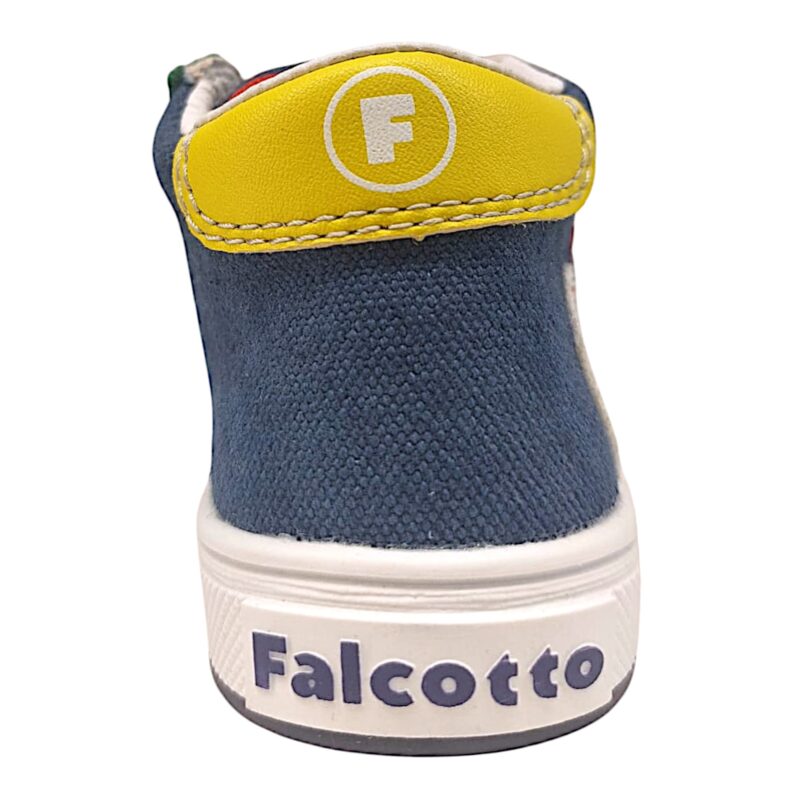 Sneakers blu primi passi bambino con dinosauro, fascia posteriore gialla e doppio strappo – Falcotto