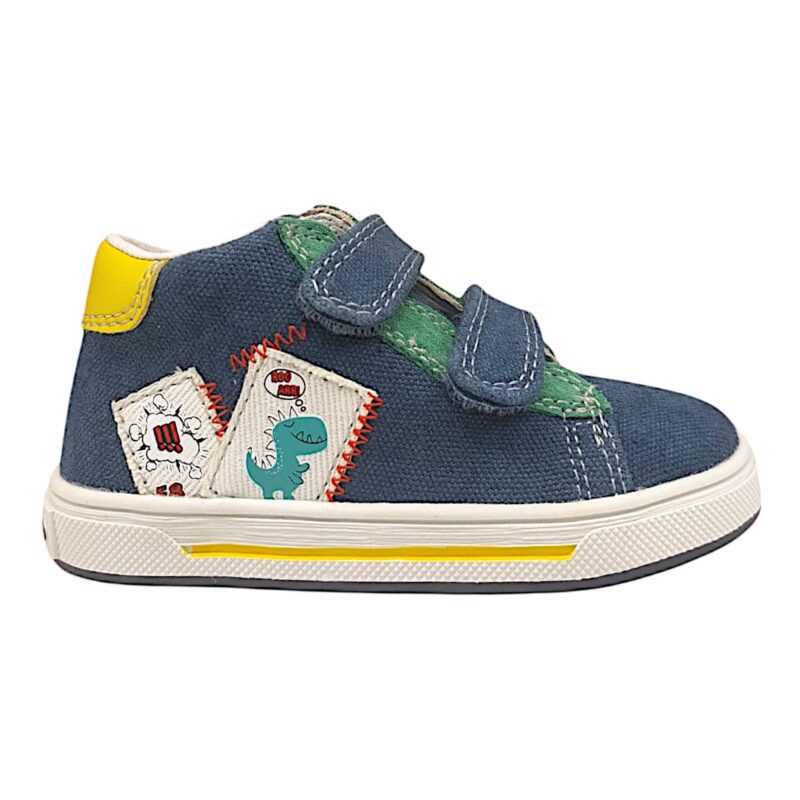 Sneakers blu primi passi bambino con dinosauro, fascia posteriore gialla e doppio strappo – Falcotto