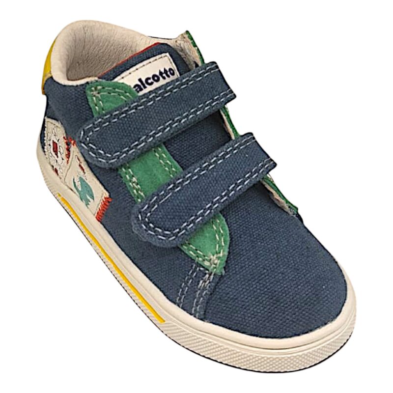 Sneakers blu primi passi bambino con dinosauro, fascia posteriore gialla e doppio strappo – Falcotto