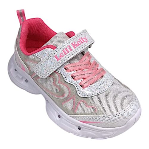 Sneakers ginnica bambina argento-rosa glitterate, con cuori, strappo, lacci elastici e luci