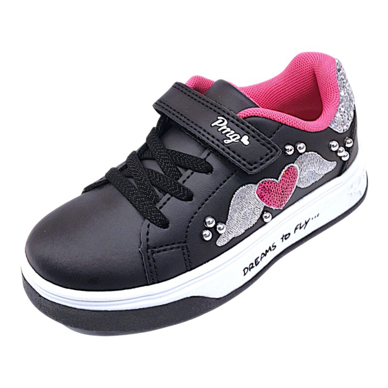 Sneakers ginnica per bambina black-fucsia con decorazioni glitter e strass, lacci e strappo – Primigi