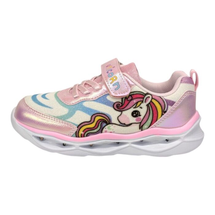 Sneakers ginnica unicorno bambina pink-multicolor con strappo, lacci elastici e luci - Silver