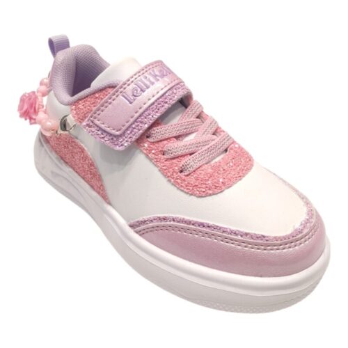 Sneakers gioiello bambina glitterate bianco-rosa-viola con bracciale, strappo e lacci