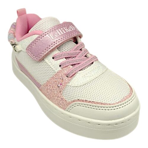 Sneakers gioiello retata bianco-rosa-glitter con bracciale, velcro e lacci elastici – Lelli Kelly