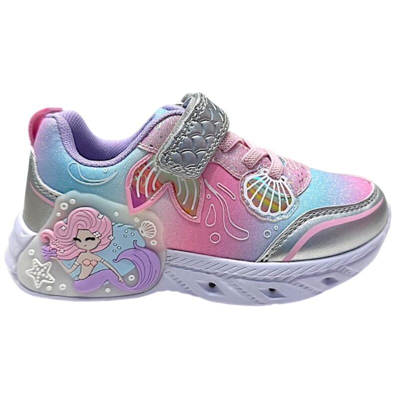 Sneakers glitterate rosa-celeste-multicolor per bambina con luci, sirena decorativa, strappo grigio effetto squame e lacci elastici - Lelli Kelly 2 Sneakers glitter rosa-celeste-multicolor per bambina con luci, sirena decorativa, strappo grigio effetto squame e lacci elastici - Lelli Kelly
