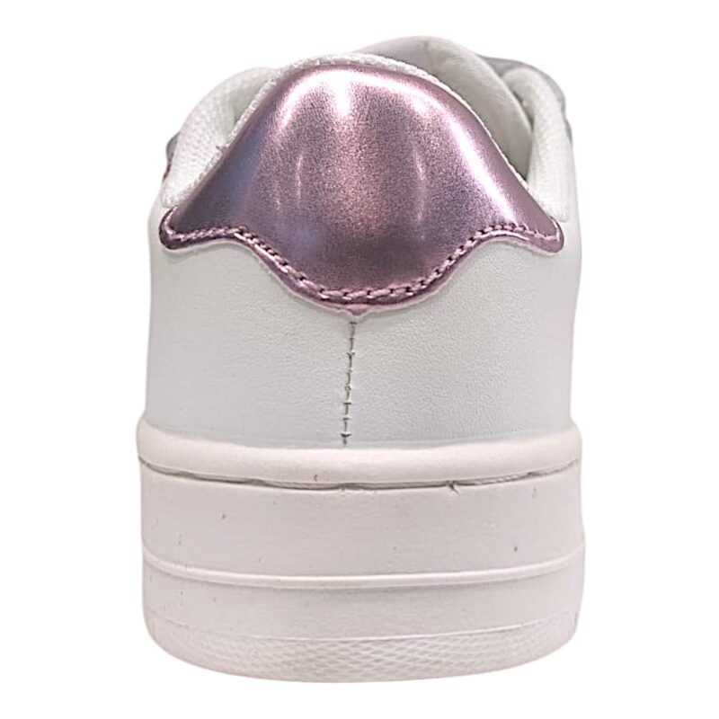 Sneakers in similpelle bianca per bambina con V rosa petalo glitter e doppio strappo - Victoria 4 Sneakers in similpelle bianca per bambina con V rosa petalo glitter e doppio strappo - Victoria