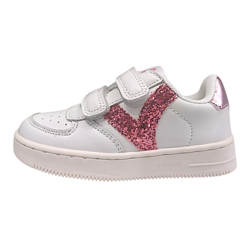 Sneakers in similpelle bianca per bambina con V rosa petalo glitter e doppio strappo - Victoria 3 Sneakers in similpelle bianca per bambina con V rosa petalo glitter e doppio strappo - Victoria