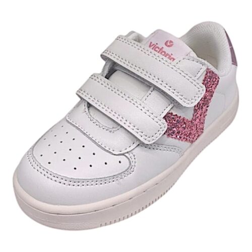 Sneakers in similpelle bianca per bambina con V rosa petalo glitter e doppio strappo - Victoria 7 Sneakers in similpelle bianca per bambina con V rosa petalo glitter e doppio strappo - Victoria