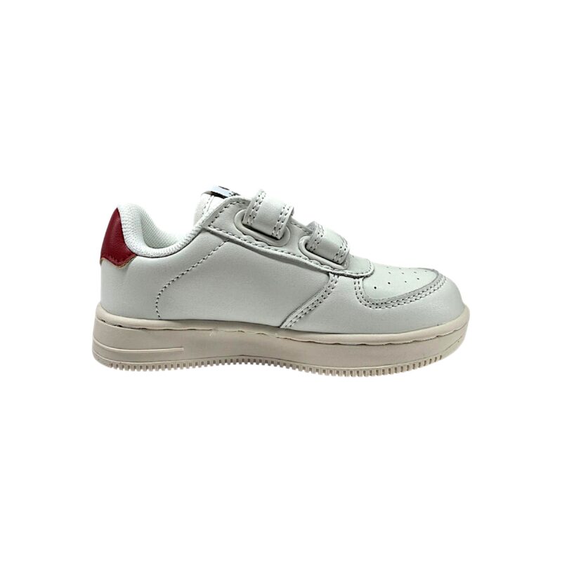Sneakers in similpelle bianca per bambino con V laterale blu e doppio strappo - Victoria 2 Sneakers in similpelle bianca per bambino con V laterale blu e doppio strappo - Victoria