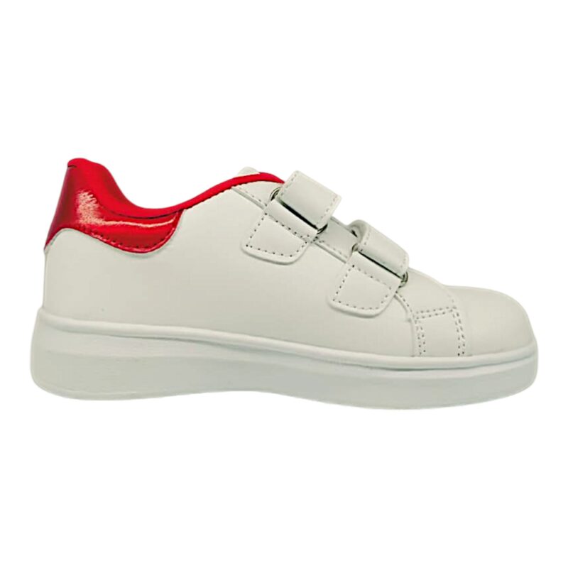Sneakers per bambina Minnie "Cute" colore bianco-rosso con pois argento e doppio strappo – Easy Shoes 2 Sneakers per bambina Minnie Cute colore bianco-rosso con pois argento e doppio strappo – Easy Shoes