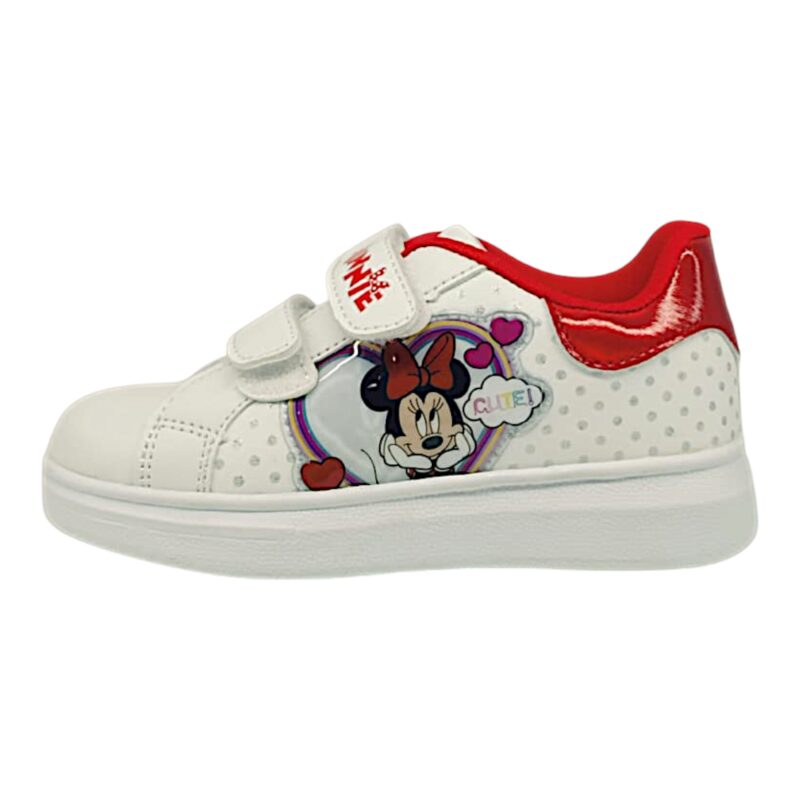 Sneakers per bambina Minnie "Cute" colore bianco-rosso con pois argento e doppio strappo – Easy Shoes 3 Sneakers per bambina Minnie Cute colore bianco-rosso con pois argento e doppio strappo – Easy Shoes
