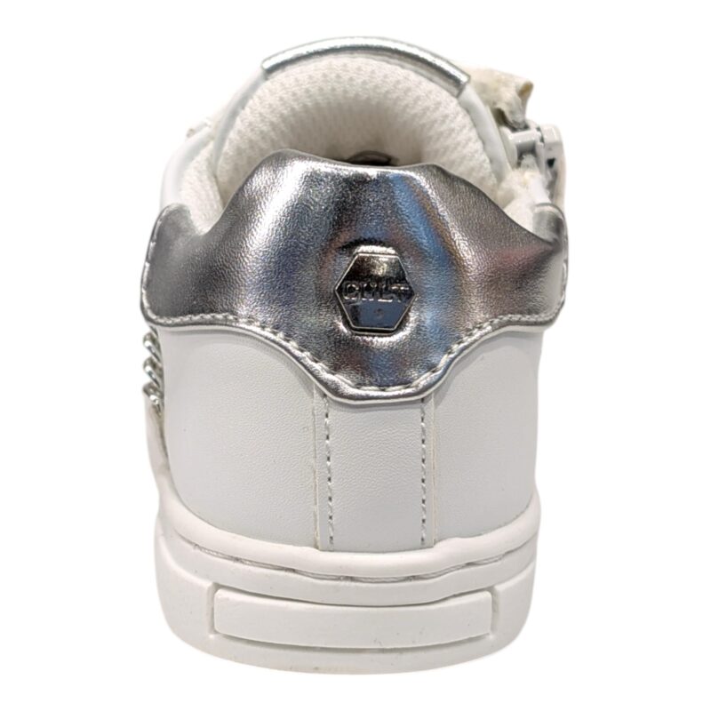 Sneakers per bambina in similpelle butter bianco con fasce silver, lacci e cerniera - Cult
