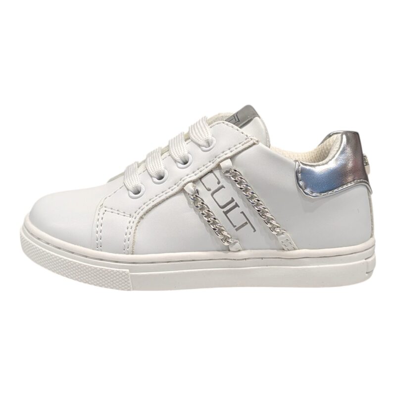 Sneakers per bambina in similpelle butter bianco con fasce silver, lacci e cerniera - Cult