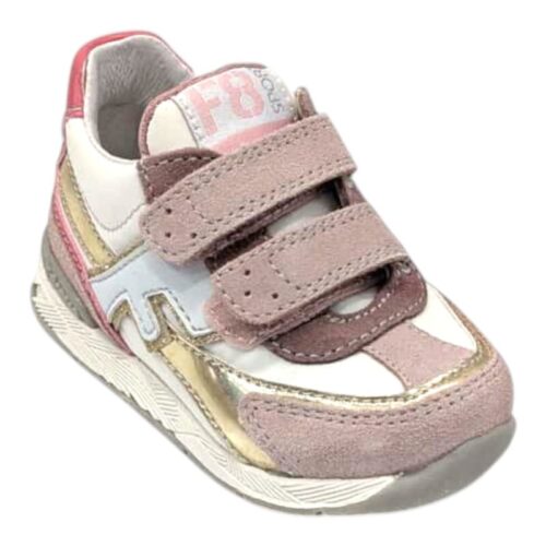 Sneakers primi passi bambina cipria, milk e platinum con F bianca e doppio strappo – Falcotto