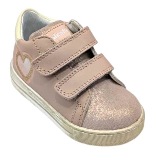 Sneakers primi passi bambina rosa cipria con cuore, glitter, punta scamosciata e doppio strappo – Falcotto