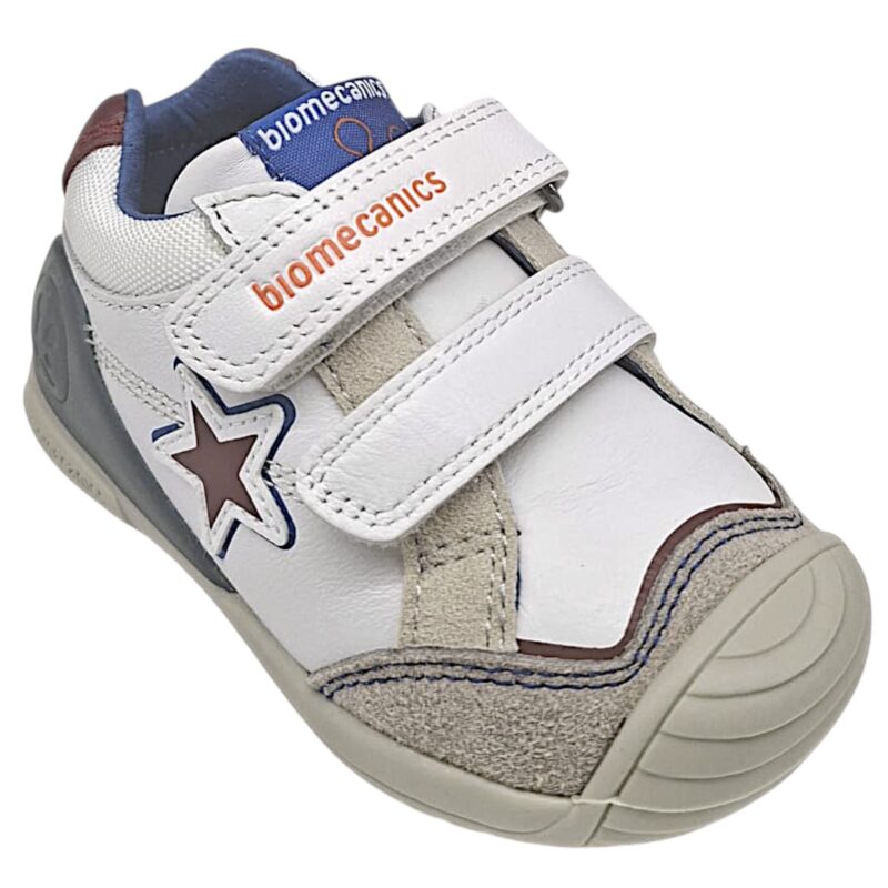 Sneakers primi passi bianche-grigie per bambino con stella rossa e due strappi - Biomecanics 1 Sneakers primi passi bianche-grigie per bambino con stella rossa e due strappi - Biomecanics