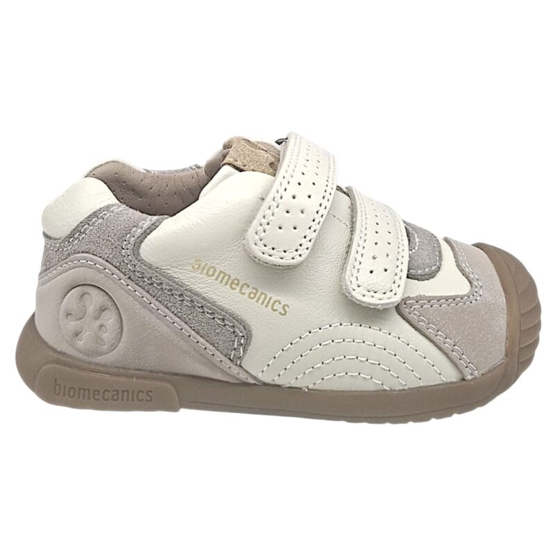 Sneakers primi passi bianco-beige-grigio per bambino con doppio strappo a velcro - Biomecanics 2 Sneakers primi passi bianco-beige-grigio per bambino con doppio strappo a velcro - Biomecanics