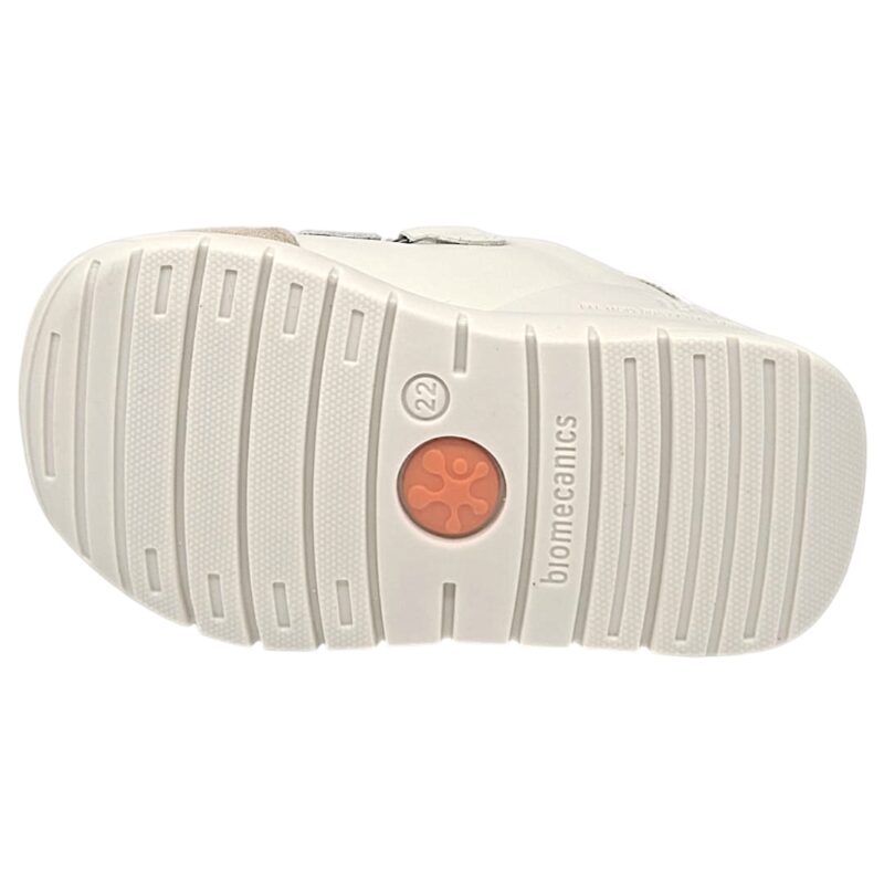 Sneakers primi passi bianco panna per bambina con dettagli leopardati, glitterati e doppio strappo - Biomecanics 5 Sneakers primi passi bianco panna per bambina con strisce leopardate e glitterate e due strappi - Biomecanics