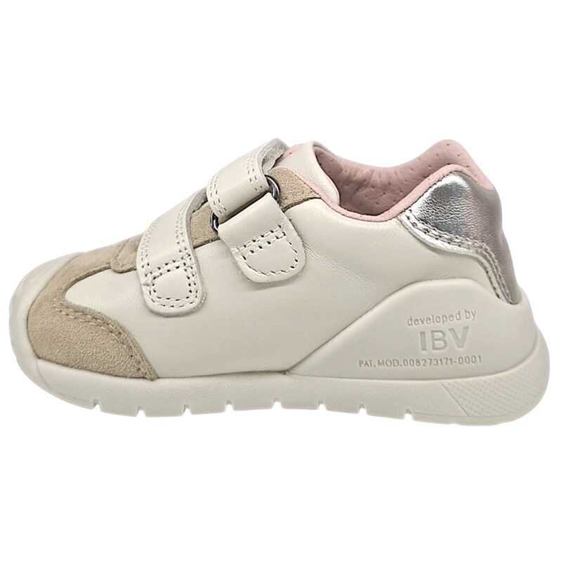 Sneakers primi passi bianco panna per bambina con dettagli leopardati, glitterati e doppio strappo - Biomecanics 3 Sneakers primi passi bianco panna per bambina con strisce leopardate e glitterate e due strappi - Biomecanics