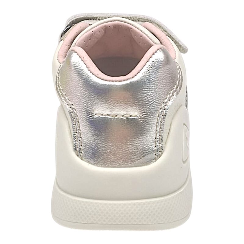 Sneakers primi passi bianco panna per bambina con dettagli leopardati, glitterati e doppio strappo - Biomecanics 4 Sneakers primi passi bianco panna per bambina con strisce leopardate e glitterate e due strappi - Biomecanics