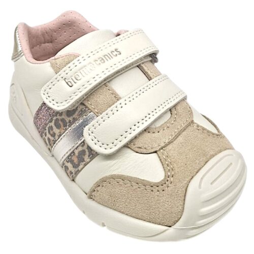 Sneakers primi passi bianco panna per bambina con dettagli leopardati, glitterati e doppio strappo - Biomecanics 4 Sneakers primi passi bianco panna per bambina con strisce leopardate e glitterate e due strappi - Biomecanics