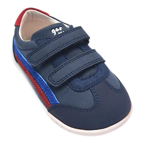Sneakers primi passi blu per bambino con strisce rosse e blu elettrico e doppio strappo a velcro - Garvalín