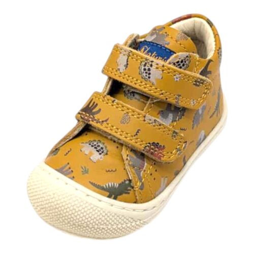 Sneakers primi passi per bambino Cocoon giallo zucca con dinosauri e strappi – Naturino