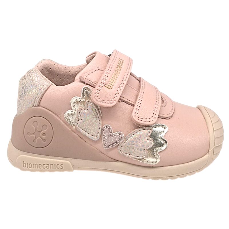 Sneakers primi passi rosa per bambina con cuore, ali e due strappi - Biomecanics 2 Sneakers primi passi rosa in pelle-tessuto per bambina con cuore, ali e due strappi - Biomecanics