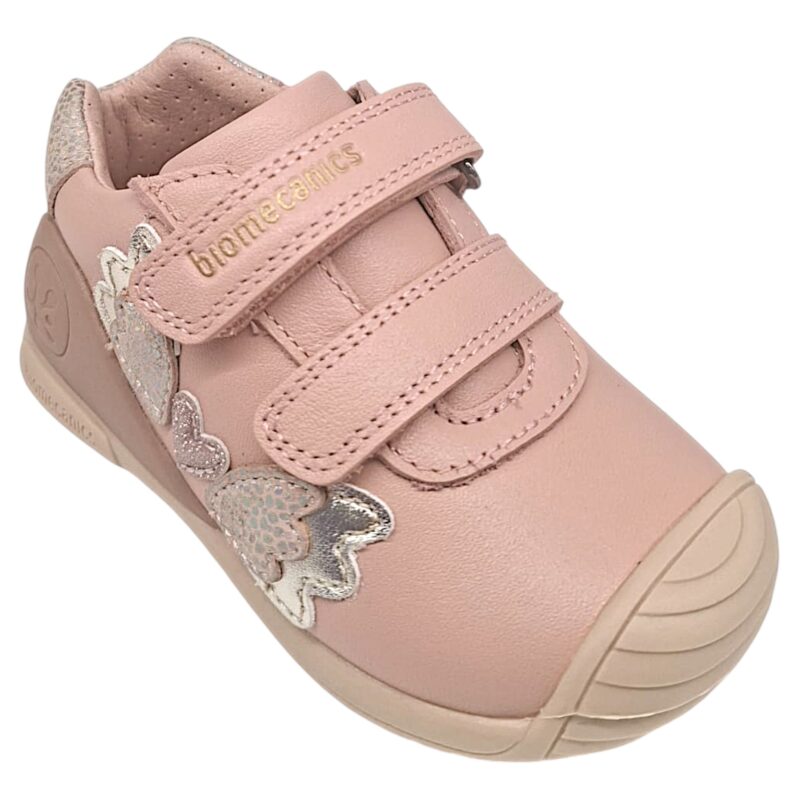 Sneakers primi passi rosa per bambina con cuore, ali e due strappi - Biomecanics 1 Sneakers primi passi rosa in pelle-tessuto per bambina con cuore, ali e due strappi - Biomecanics