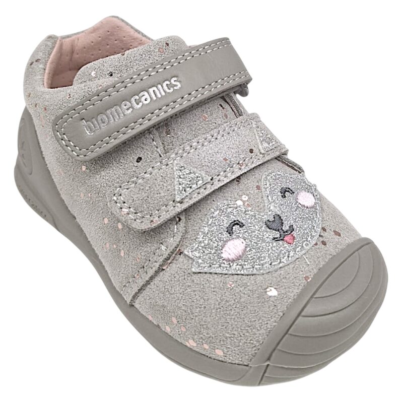 Sneakers primi passi scamosciate grigie per bambino con panda e due strappi - Biomecanics 1 Sneakers primi passi scamosciate grigie in pelle-tessuto per bambino con panda e due strappi - Biomecanics