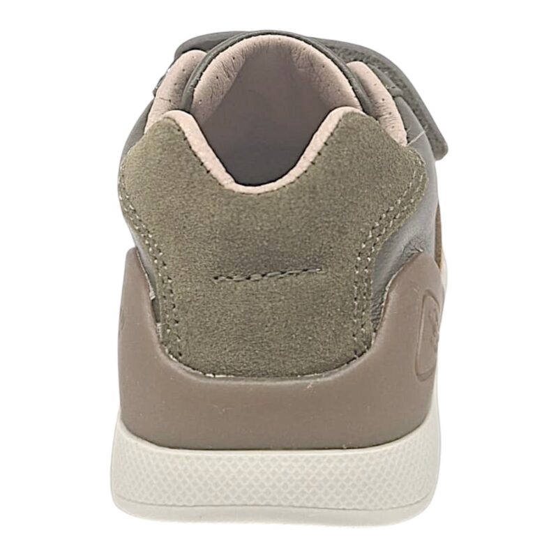 Sneakers primi passi verde militare per bambino con strisce laterali beige-grigio-ocra e due strappi - Biomecanics 4 Sneakers primi passi verde militare per bambino con strisce laterali beige-grigio-ocra e due strappi - Biomecanics