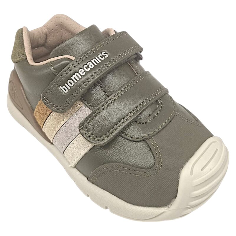 Sneakers primi passi verde militare per bambino con strisce laterali beige-grigio-ocra e due strappi - Biomecanics 1 Sneakers primi passi verde militare per bambino con strisce laterali beige-grigio-ocra e due strappi - Biomecanics