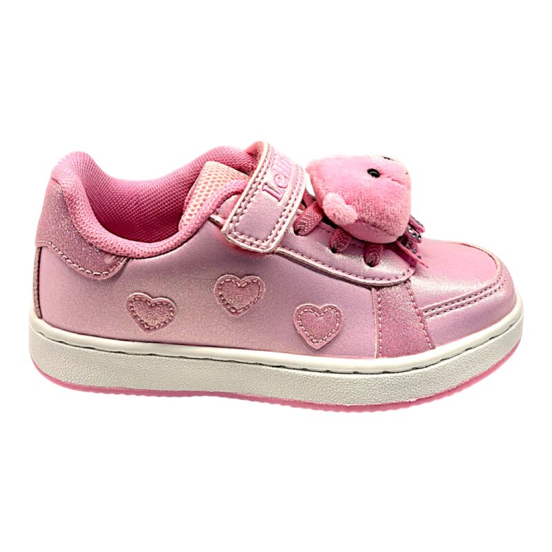 Sneakers rosa per bambina con cuori glitterati fucsia, fiocchetto, chiusura a strappo e orsetto sui lacci elastici - Lelli Kelly 2 Sneakers rosa per bambina con cuori glitter fucsia, fiocchetto, chiusura a strappo e orsetto sui lacci elastici - Lelli Kelly