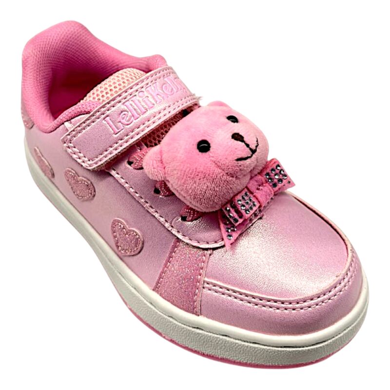 Sneakers rosa per bambina con cuori glitterati fucsia, fiocchetto, chiusura a strappo e orsetto sui lacci elastici - Lelli Kelly 1 Sneakers rosa per bambina con cuori glitter fucsia, fiocchetto, chiusura a strappo e orsetto sui lacci elastici - Lelli Kelly