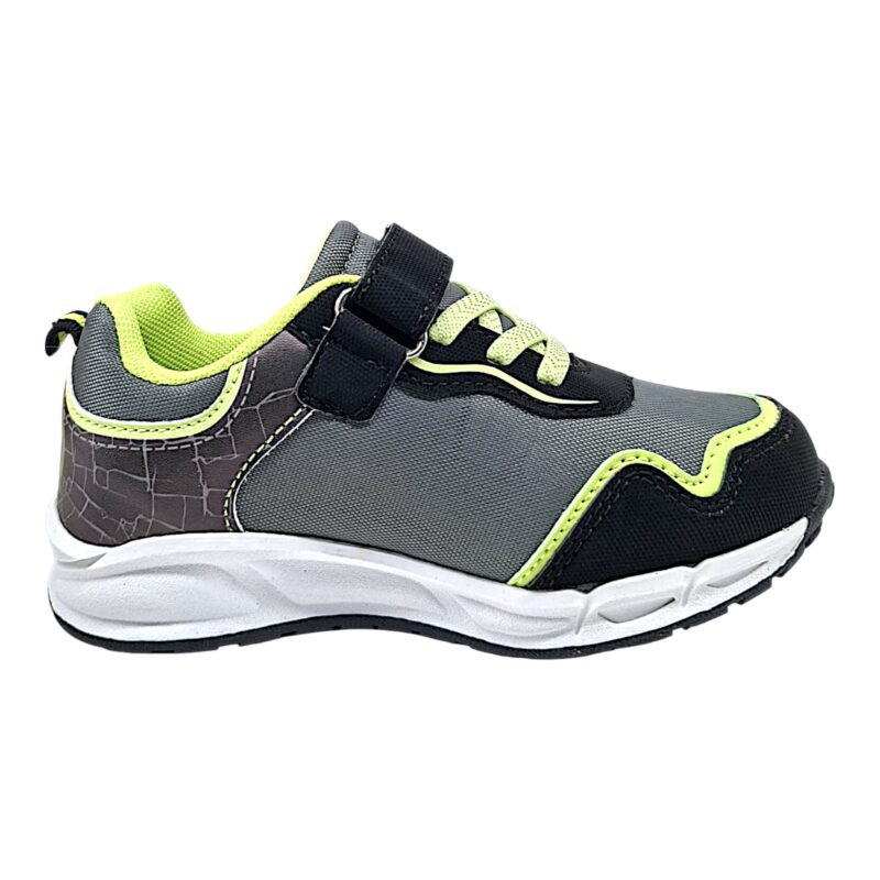 Sneakers sportiva nero-grigio-verde Hulk per bambino con strappo, lacci elastici e luci – Alek Moda Silver 2 Sneakers sportiva Hulk per bambino nero-grigio-verde con strappo, lacci elastici e luci – Alek Moda Silver