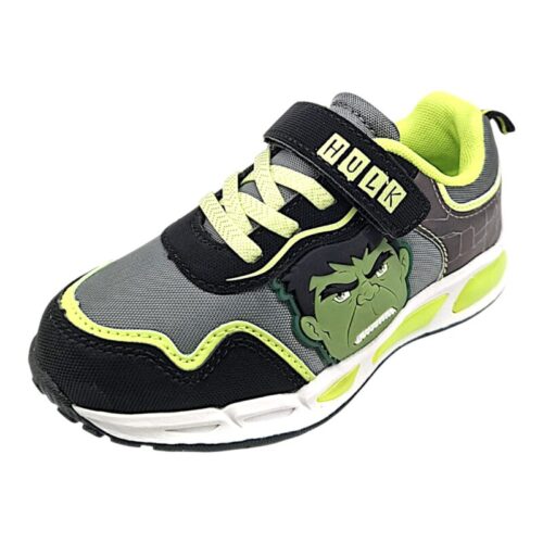Sneakers sportiva Hulk per bambino nero-grigio-verde con strappo, lacci elastici e luci  – Alek Moda Silver