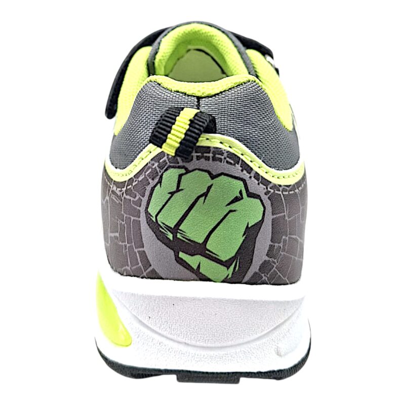 Sneakers sportiva nero-grigio-verde Hulk per bambino con strappo, lacci elastici e luci – Alek Moda Silver 4 Sneakers sportiva Hulk per bambino nero-grigio-verde con strappo, lacci elastici e luci – Alek Moda Silver
