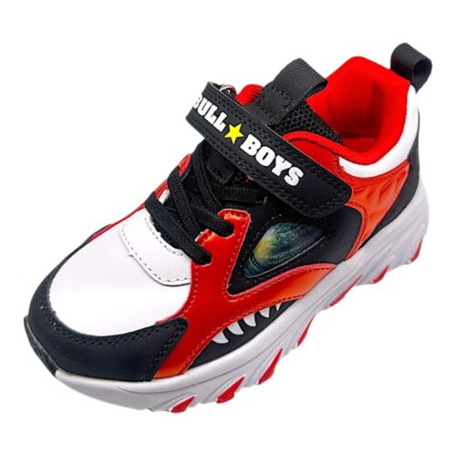 Sneakers sportiva Occhiosauro rosse e nere per bambino con occhio luminoso, strappo e lacci elastici - Bull Boys