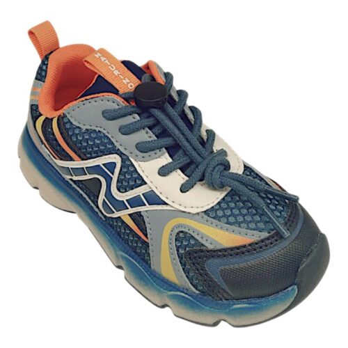 Sneakers sportiva bambino blu e celeste con strisce gialle e suola bianca e blu – Naturino