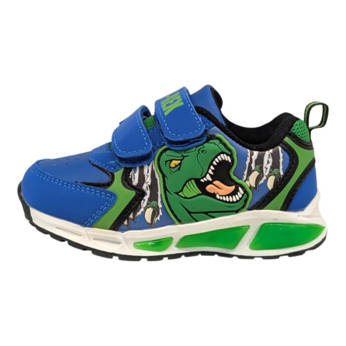 Sneakers sportiva bambino invernale blu-verde con dinosauro, luci e strappi – Silver