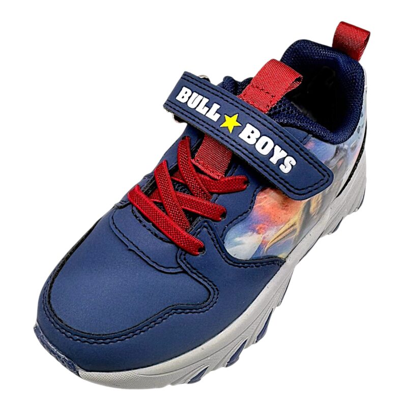 Sneakers sportiva blu per bambino con Spinosauro, luci, strappo e lacci elastici - Bull Boys 1 Sneakers sportiva blu per bambino con Spinosauro, luci, strappo e lacci elastici - Bull Boys