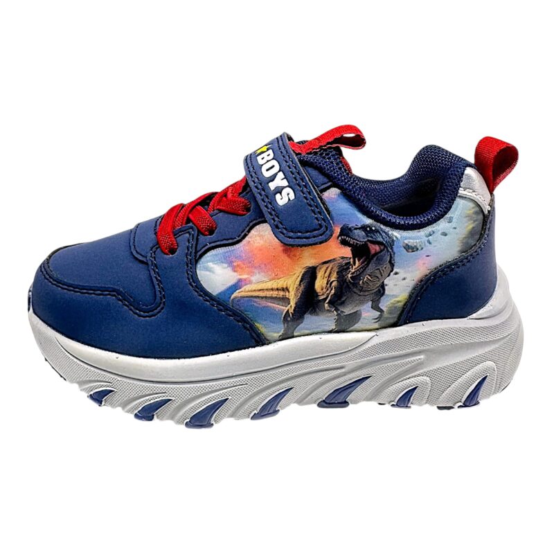 Sneakers sportiva blu per bambino con Spinosauro, luci, strappo e lacci elastici - Bull Boys 3 Sneakers sportiva blu per bambino con Spinosauro, luci, strappo e lacci elastici - Bull Boys