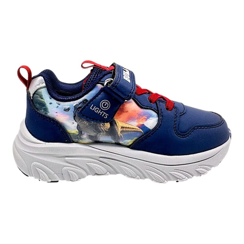 Sneakers sportiva blu per bambino con Spinosauro, luci, strappo e lacci elastici - Bull Boys 2 Sneakers sportiva blu per bambino con Spinosauro, luci, strappo e lacci elastici - Bull Boys