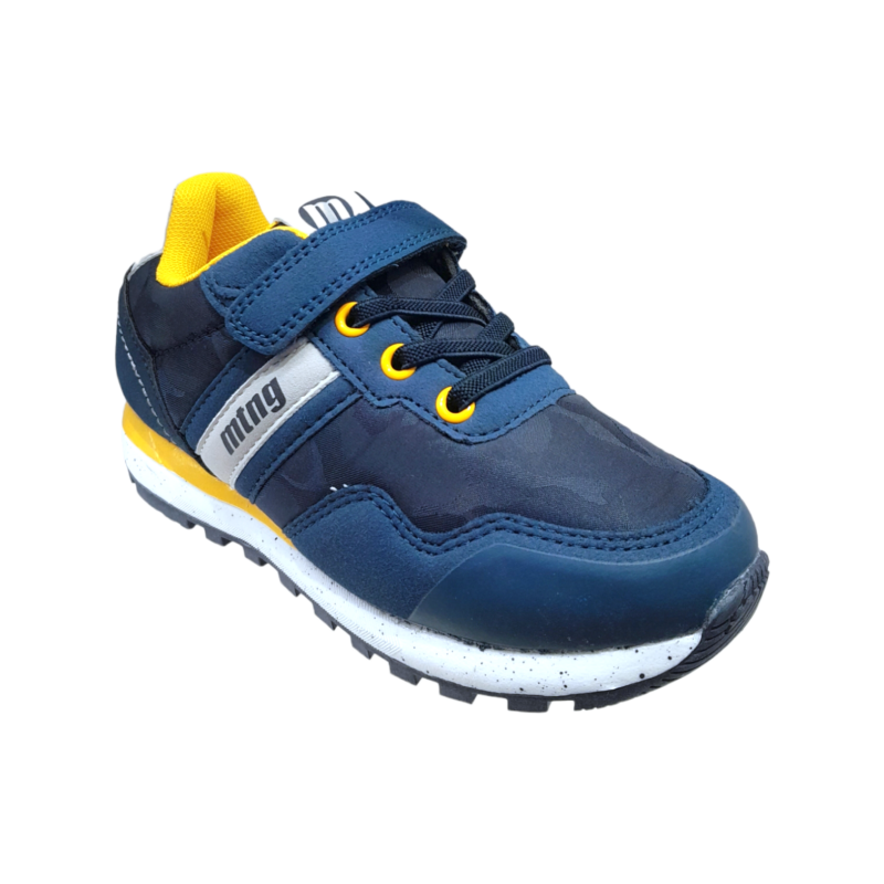 Sneakers sportiva fantasia militare blu per bambino, dettagli giallo-grigio, punta rinforzata in pelle con strappo e lacci elastici – Mtng 1 Sneakers sportiva fantasia militare blu per bambino, dettagli giallo-grigio, punta rinforzata in pelle con strappo e lacci elastici – Mtng