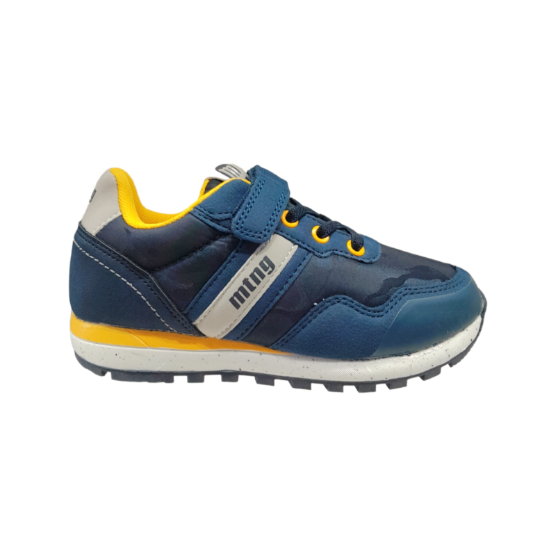 Sneakers sportiva fantasia militare blu per bambino, dettagli giallo-grigio, punta rinforzata in pelle con strappo e lacci elastici – Mtng 2 Sneakers sportiva fantasia militare blu per bambino, dettagli giallo-grigio, punta rinforzata in pelle con strappo e lacci elastici – Mtng